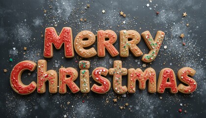 Delicious Merry Christmas gingerbread cookies with festive sprinkles on dark background