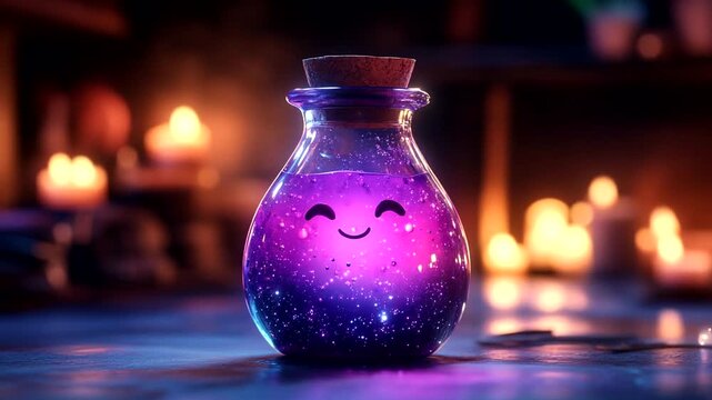 Colorful potion in a glass jar with glowing candles