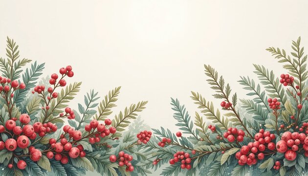 Festive cranberry sprigs and lush greenery create a merry Christmas background