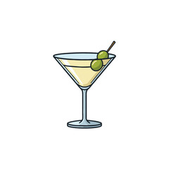 A cartoon illustration of a martini glass with green olives: showcasing a refreshing alcoholic