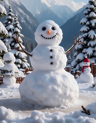 Obraz premium Happy snowman in a magical christmas landscape with sparkling snow wintehappy snowman in a magical christmas landscape withr fairytale scenery festive holiday atmosphere and snow-covered background