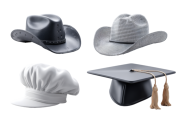 Four distinct hat icons including cowboy, trucker, chef, and graduation designs on white background