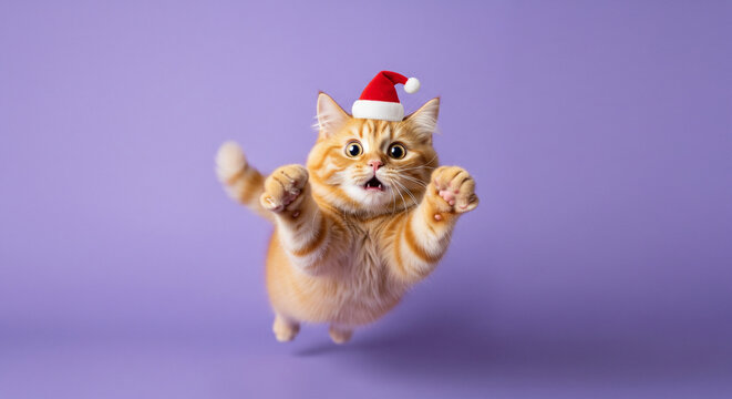 Shocked fat ginger cat in Santa hat flying on purple background, digital poster for social media