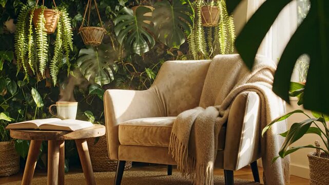 Cozy armchair in sunny room, surrounded by lush greenery and warm sunlight, evoking a serene autumn retreat vibe, perfect for relaxation and reading