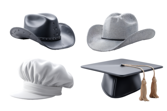 Four distinct hat icons including cowboy, trucker, chef, and graduation designs on white background - Powered by Adobe
