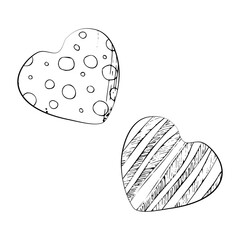 Pair of hearts embellishments with polka dot and stripe pattern in blue and violet. Single object isolated illustration hand drawn in vector ink. Valentine's Day romantic love letters, wedding cards