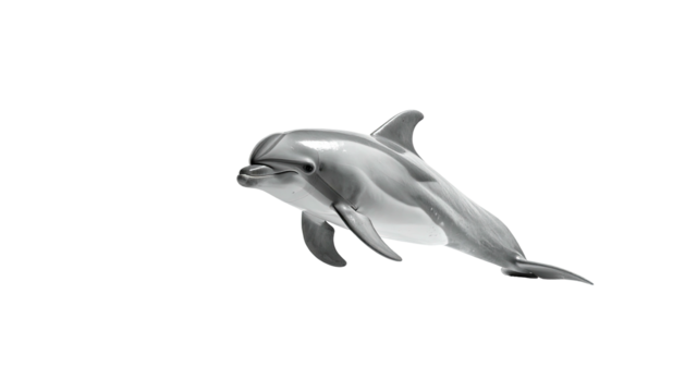Gray dolphin mid-leap, isolated against a stark black background