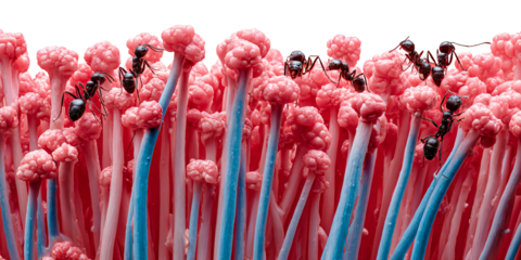 Ants foraging on pink mushrooms with blue stems in a surreal macro landscape Concept of nature, wildlife, food chain, and symbiotic relationship