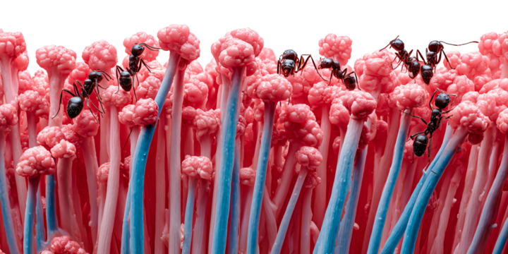 Ants foraging on pink mushrooms with blue stems in a surreal macro landscape Concept of nature, wildlife, food chain, and symbiotic relationship