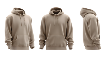 Three views taupe hooded sweatshirt isolated on a transparent background