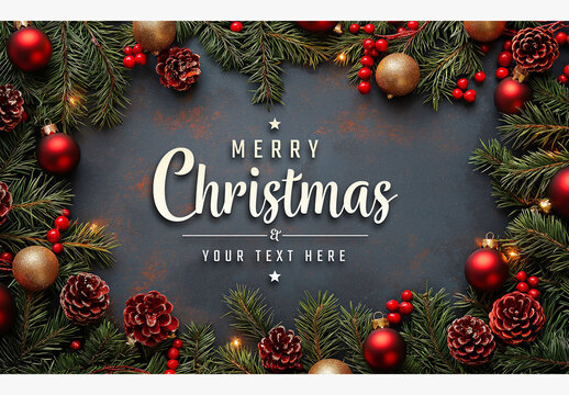 Christmas Card With Decorations On Dark background Mockup
