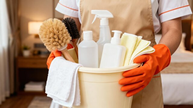 Cleaning supplies are prepared by a housekeeper in a cozy bedroom setting for effective cleaning and organization
