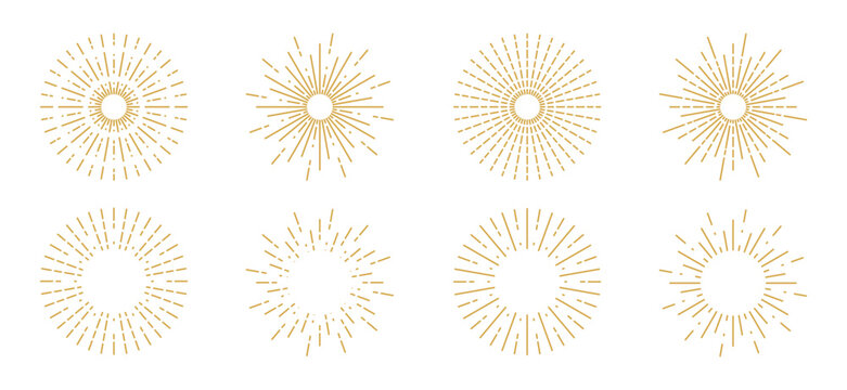 Set of gold boho sun rays line icons with various retro, geometric, and radiating line designs
