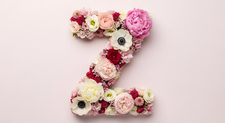 Letter z formed from beautiful fresh flowers and blossoms on a light background