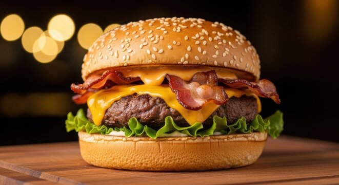 Delicious cheeseburger with bacon, lettuce and sesame bun on a wooden board - Powered by Adobe