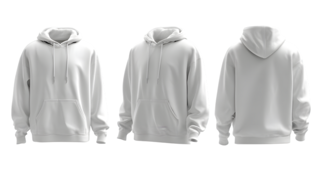 White hooded sweatshirt three views isolated on a transparent background