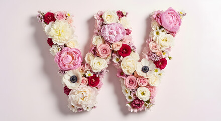 Elegant letter w crafted from a beautiful assortment of fresh pink and white flowers