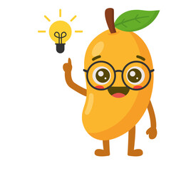 Cartoon Mango Character with Idea Light Bulb Flat Illustration