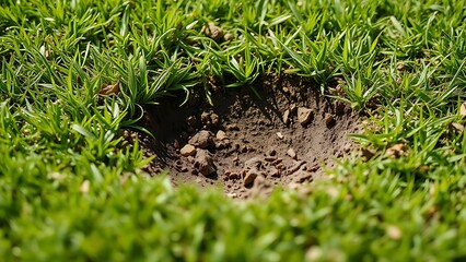 spodumene. Small depression in lawn with scattered soil fragments and textured ground. real-estate listings, architecture portfolios, designed for real-estate listing and luxury residence showcases.