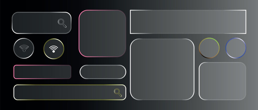 Light frame liquid glass, glass panel set for mobile and web app, tech board frame in futuristic style. HUD element interface, vector illustration.