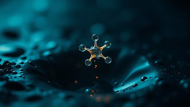 submicroscopic. A single, complex, glowing molecule emerges from a dark, primordial aqueous solution, symbolizing the spark of life. STEM education sheets.