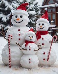 Fototapeta premium Festive snowman family with santa hats and candy cane for christmas decoration snowman christmas holiday decoration winter season cute snow
