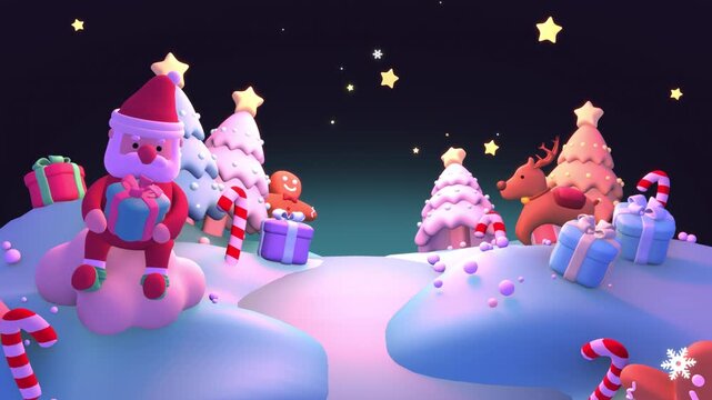 Cartoon Christmas world at night animation. (loop)