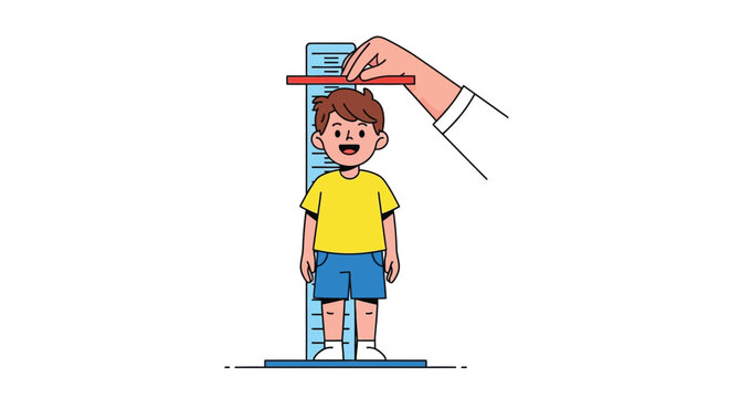 Cartoon illustration of a smiling young boy having his height measured with a stadiometer during a medical checkup.
