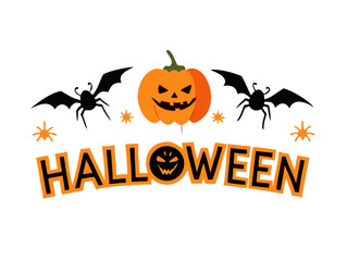 Fototapeta premium orange halloween banner with pumpkin spider and bats