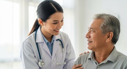 Fototapeta premium Friendly Asian female doctor supports smiling senior patient during consultation. Shows compassionate geriatric care, empathy, and trust. For healthcare and insurance concepts.