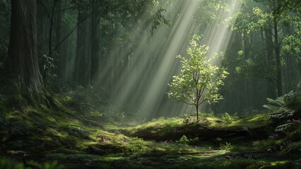 Obraz premium Green Forest Clearing: Photorealistic Scene with Beam of Light Hitting One Young Tree, Symbol of Hope and Recovery.