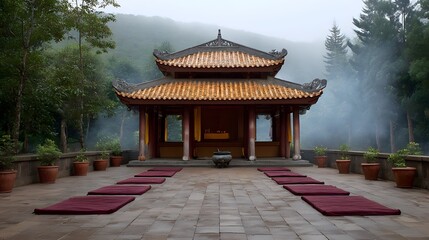 Fototapeta premium A traditional East Asian pavilion stands serenely on a paved courtyard with rows of meditation mats set against a misty mountainous backdrop