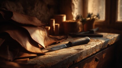 Crafting leather artisan workshop in rustic setting close-up of tools and materials warm lighting creative process