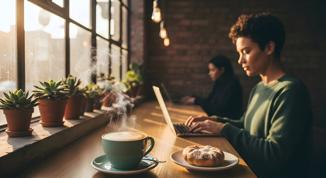 Person working on laptop at cozy cafe table with pastry