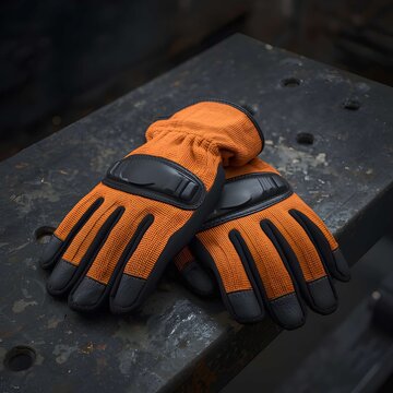Orange Industrial Work Gloves on Metal Surface