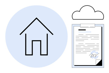 Minimalist house icon next to a digitally signed document and cloud storage symbol. Ideal for real estate, e-signatures, cloud storage, remote work, document management, contracts, simple flat