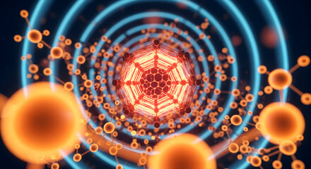 Intricate atom model with glowing core and blue rings, science and technology concept