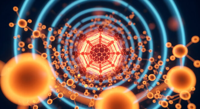 Intricate atom model with glowing core and blue rings, science and technology concept