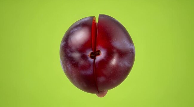 A single dark purple plum, cut in half, revealing its pit against a vibrant green background with a drop of juice.