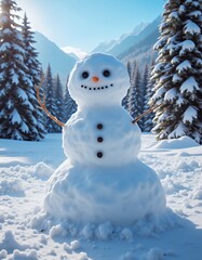 Wide horizontal composition of single blue snowman on winter forest background  ai generated snowman christmas  holiday decoration winter season cute snow