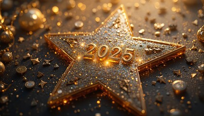 Golden 2025 star sparkles with festive cheer for New Year celebrations and holidays