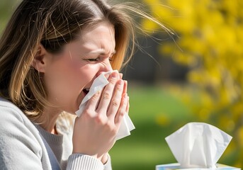 Woman Sneezing into Tissue Suffering from Spring Allergies
