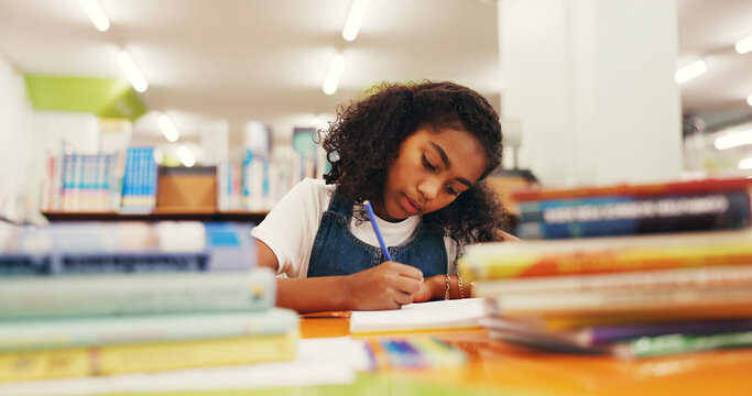 Writing, homework and girl in library, kid and education with knowledge, learning and growth. Student, notebook and child development with assessment, creativity and inspiration for project and ideas - Powered by Adobe