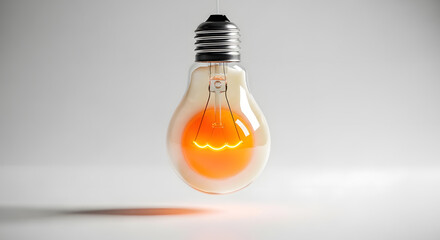 Bright idea concept with a glowing orange light bulb suspended in the air