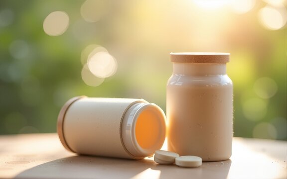 Medium shot of biodegradable drug containers made from natural materials highlighting ecofriendly packaging with soft blurred background for sustainable healthcare solutions. High quality