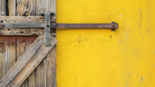 Rustic wooden door with metal hinge on yellow wall