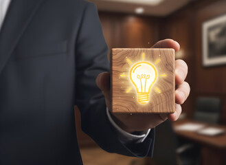 Unlock your business potential with new ideas, a bright lightbulb on a wooden block