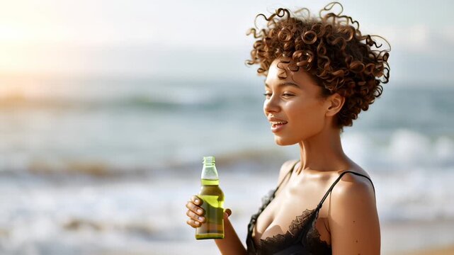 A woman with curly hair takes a sip from a bright green bottle, enjoying the cool drink. The warm sunset casts a beautiful glow, making the moment feel refreshing and serene by the shore