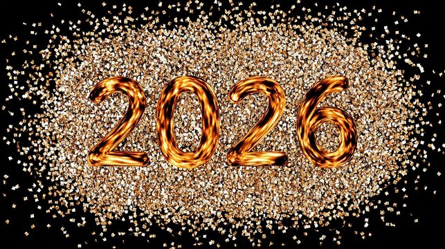 Glittering celebration of New Year 2026 with golden text on a black background capturing the spirit of new beginnings and festive cheer