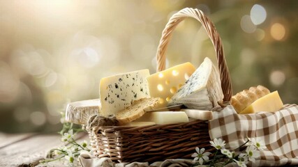 Wicker basket with various types of cheese and crackers outdoors